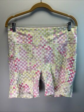 Fabletics PureluxPastel Checkerboard High-Rise Bike Shorts - Pink, Yellow, White